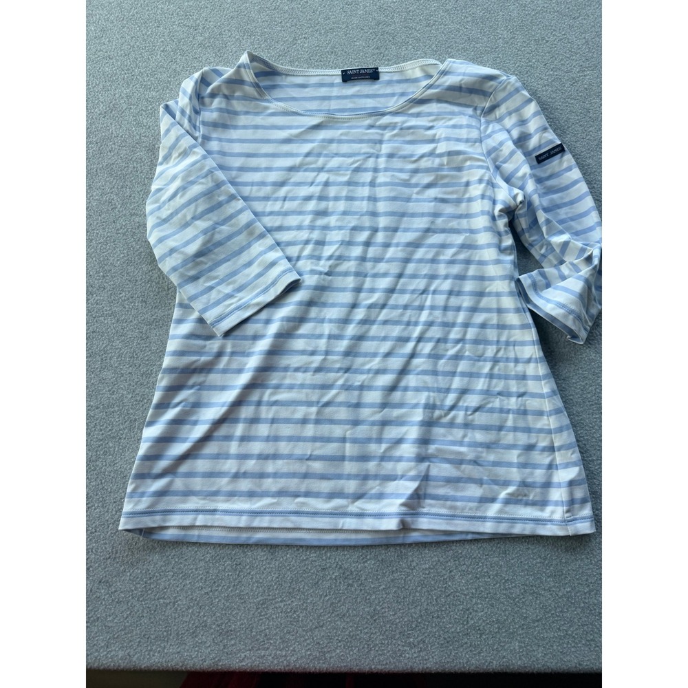 Saint James Breton Striped Top Light Blue White Boat Neck 3/4 Sleeve France 14